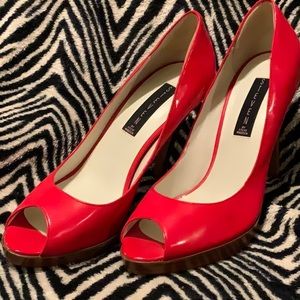 Red leather peep toe heels 👠